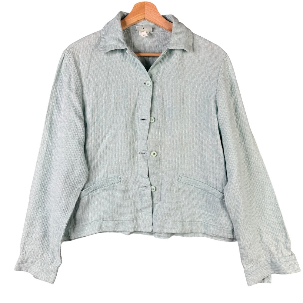 Eileen Fisher Petite PS Light Blue 100% Linen Waffle Weave Button Down Jacket